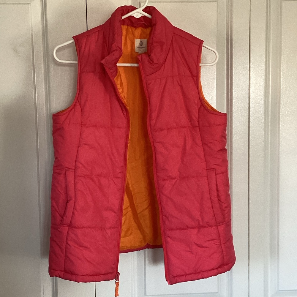 Lands' End Girls' Coral Red Puffer Vest with Orange Lining